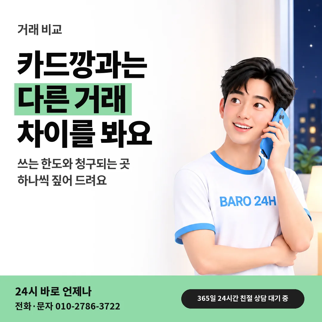 BARO 24H 티셔츠를 입은 3D 인물 옆에 「카드깡과 다른 거래」 제목을 얹은 안내 카드