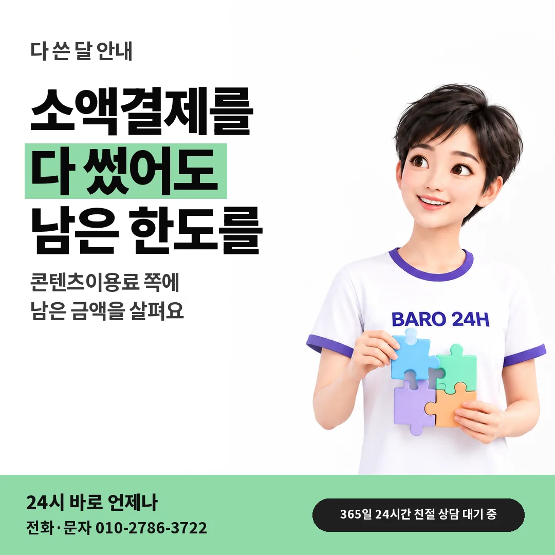 BARO 24H 티셔츠를 입은 3D 인물 옆에 「소액결제를 다 쓴 뒤」 제목을 얹은 안내 카드